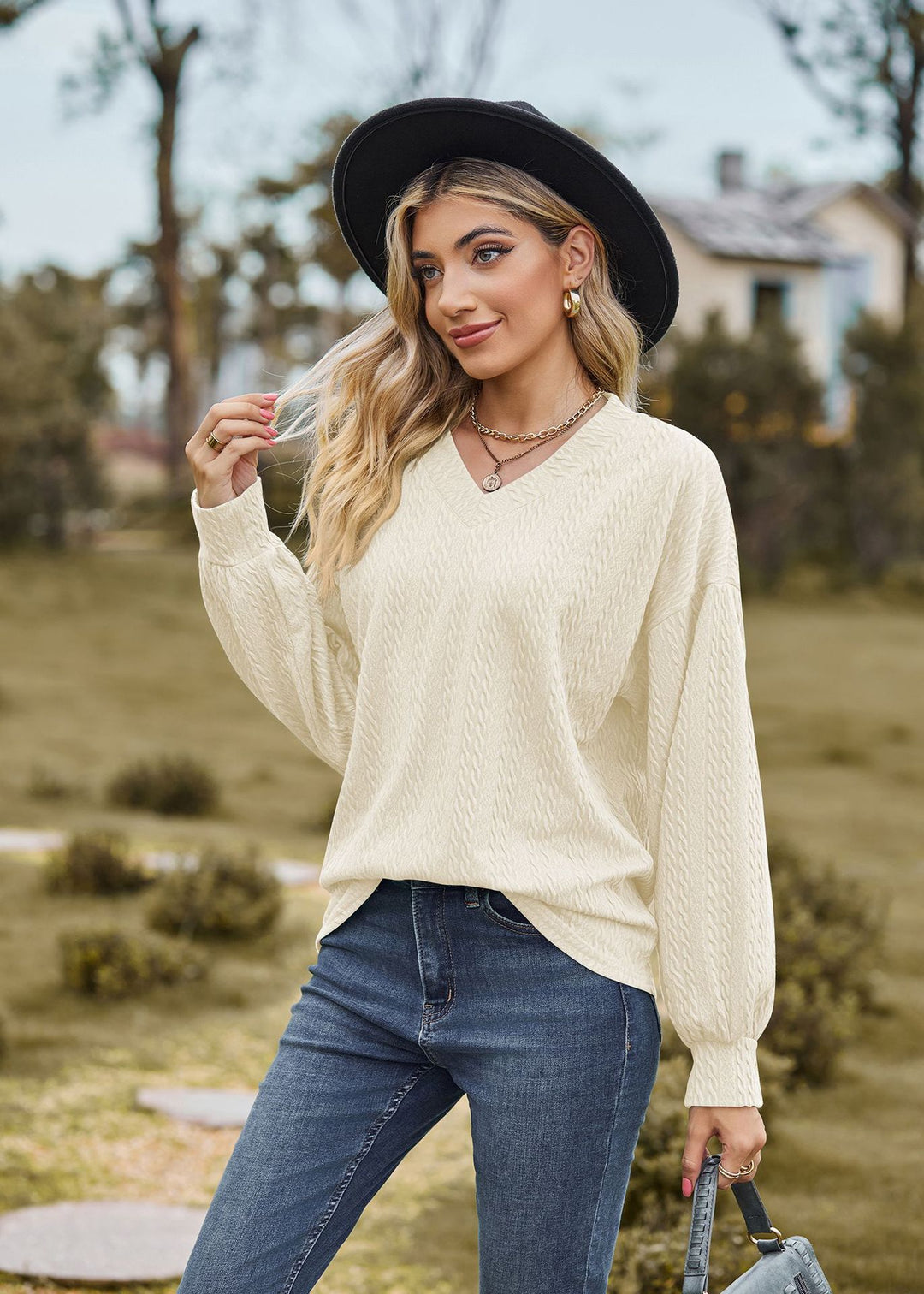 Cream Bishop Sleeve V Neck Sweatshirt