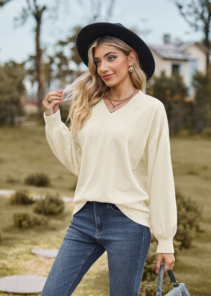 Cream Bishop Sleeve V Neck Sweatshirt