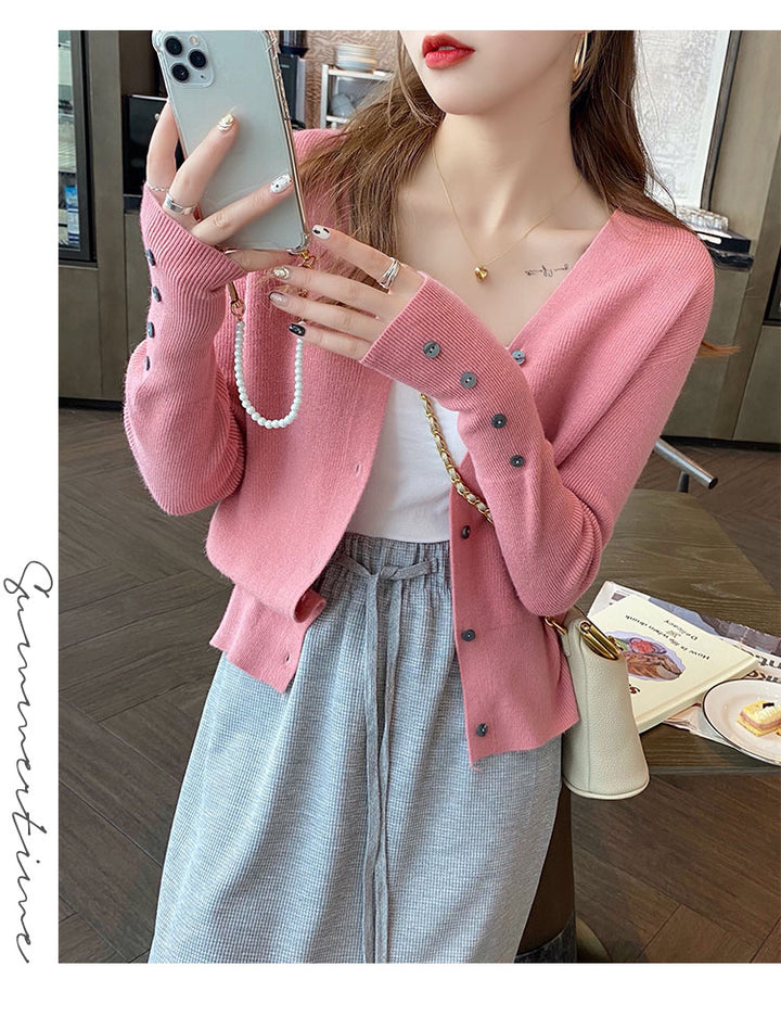 Pink Full Sleeve V Neck Buttoned Cardigan