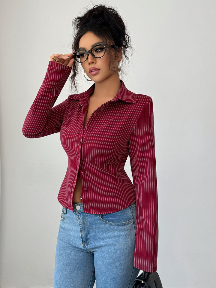 Wine Full Sleeve Collared Neck Front Buttoned Top