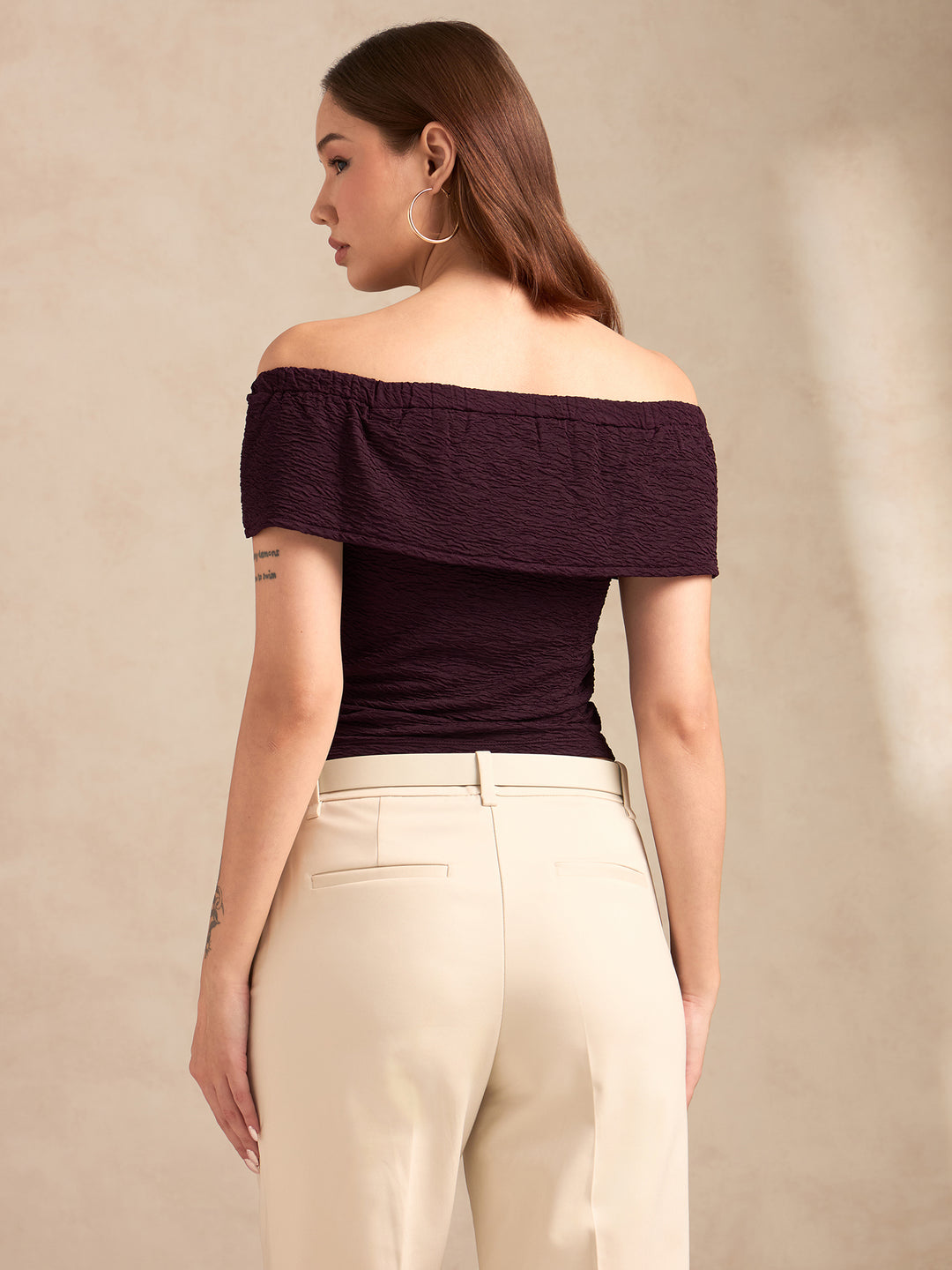 Wine Textured Off-Shoulder Rop