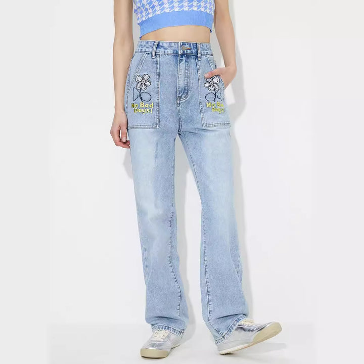 Blue Patch Pocket Embroidered Denim