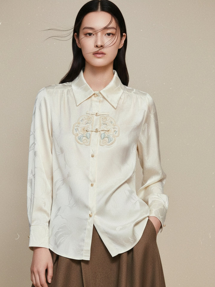 Off White Full Sleeve Collared Neck Ruffle Detail Top
