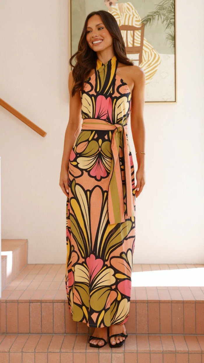 Green Abstract Printed Cross Halter Neck Dress
