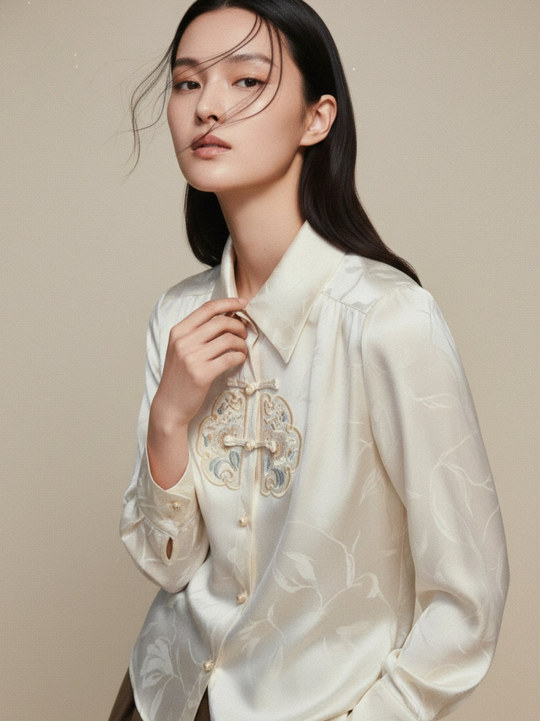 Off White Full Sleeve Collared Neck Ruffle Detail Top
