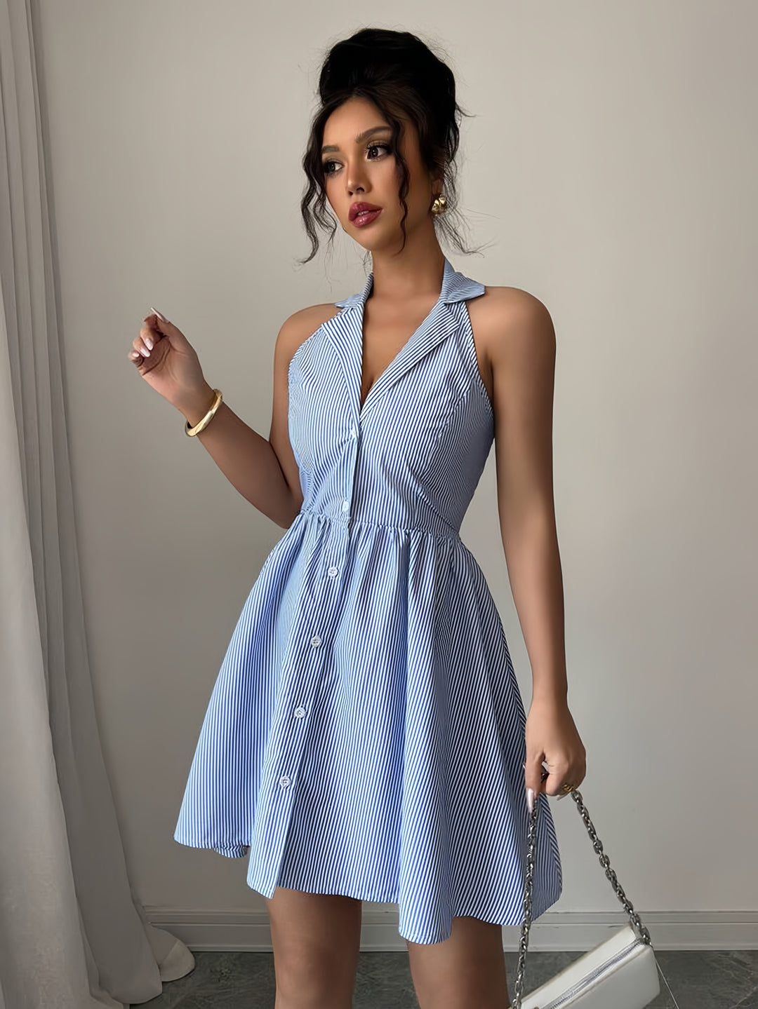 Blue Collared Front Buttoned Dress