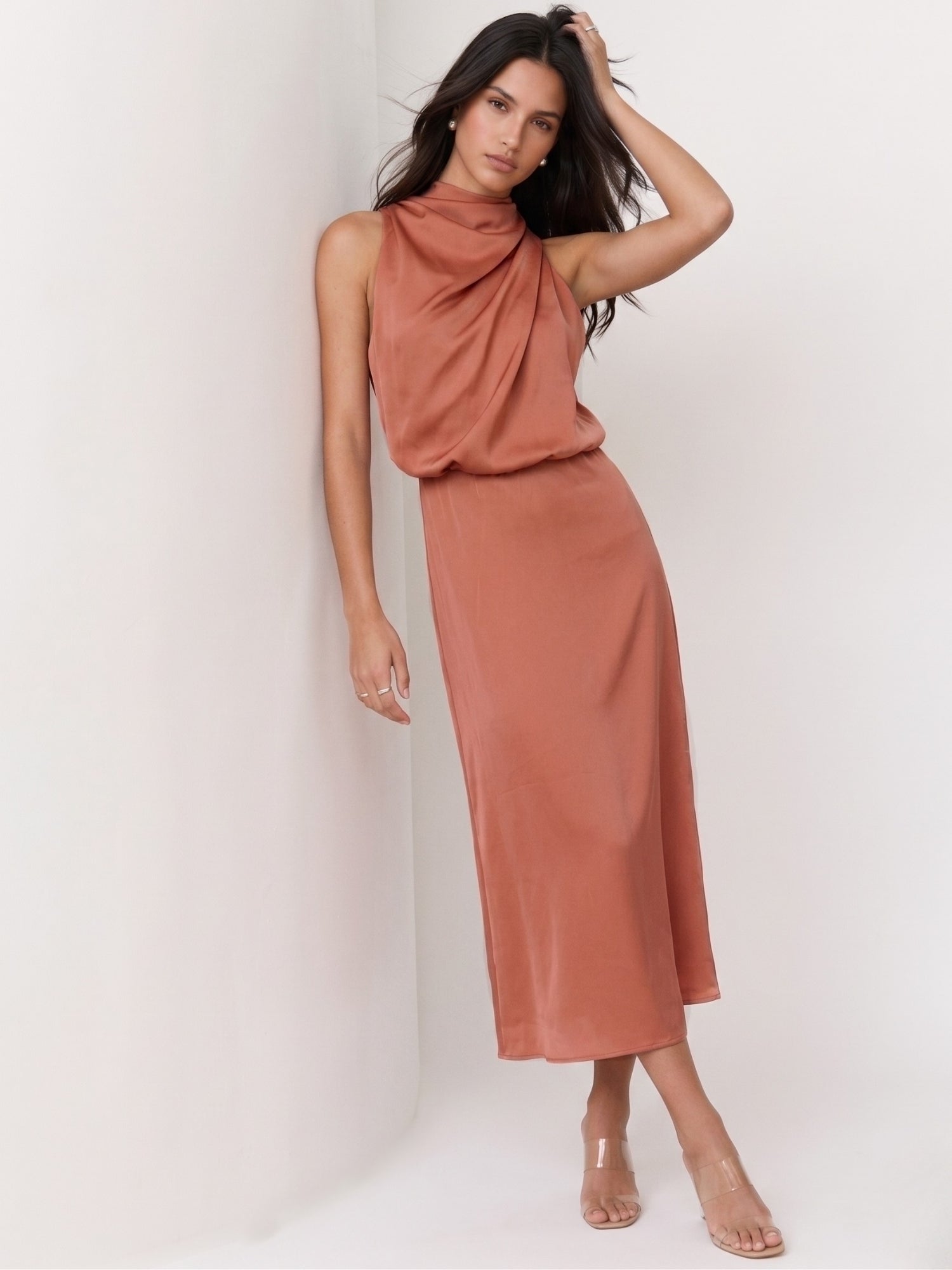 Peach Mock Neck Flared Dress