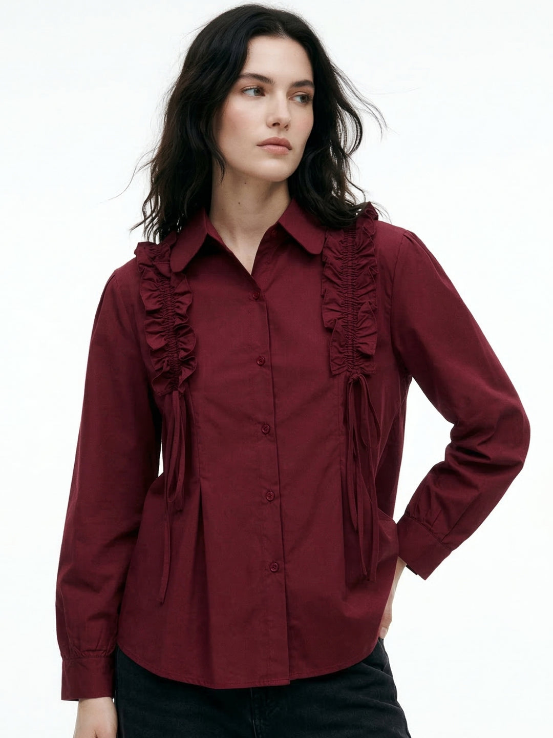 Maroon Ruffle Detail Collared Top
