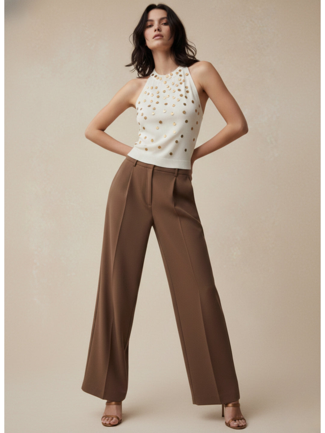 Off White Halter Neck Sequined Tank