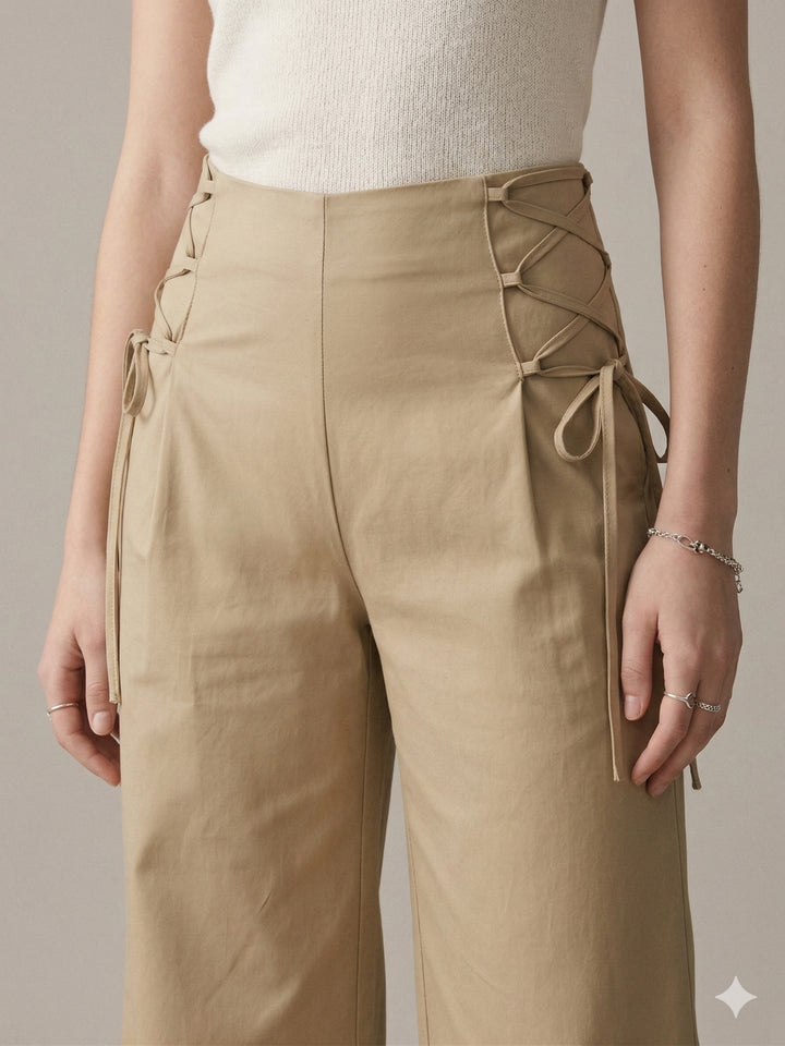 Beige High Waist Side Tie Wide Leg Trousers