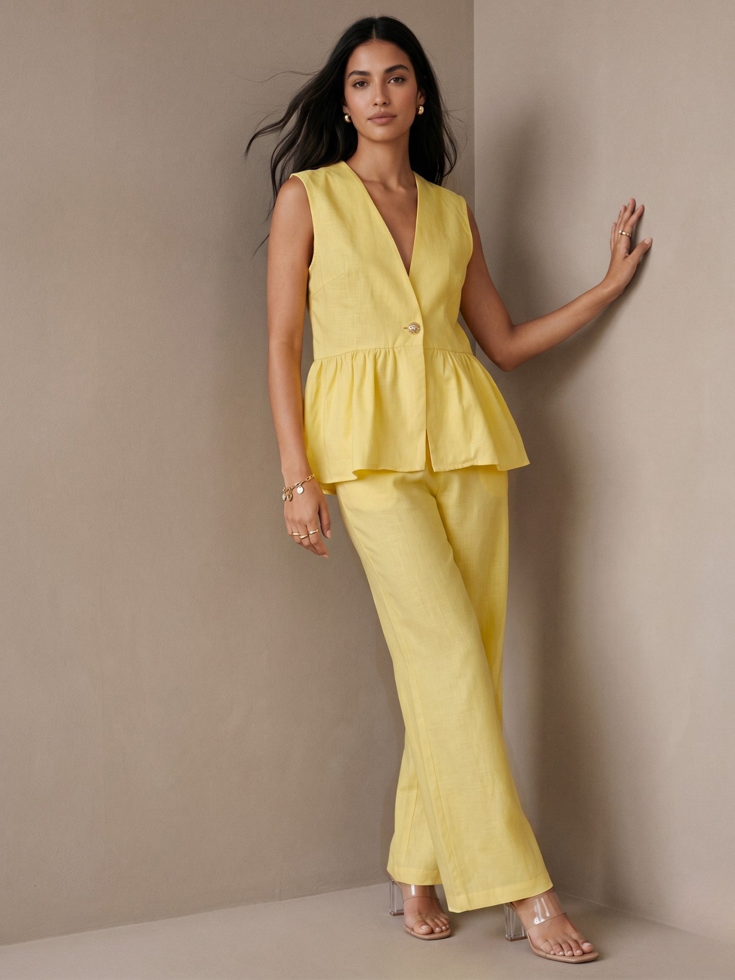 Yellow Sleeveless V Neck Top And Pant Set