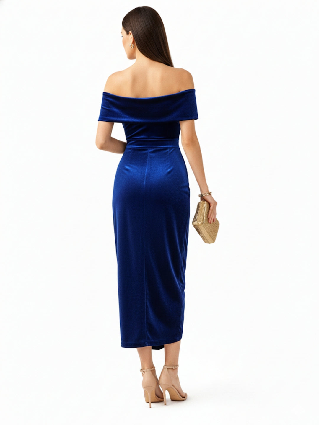 Navy Blue Off-Shoulder Wrap Hem Velour Dress