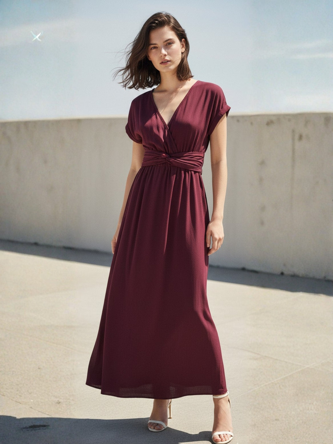 Wine Plunge Neck Twisted Knot Waist Detail Dress