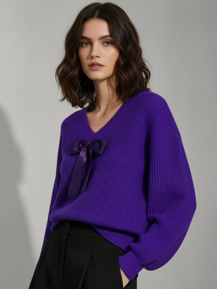 Purple Full Sleeve V Neck Front Bow Sweater