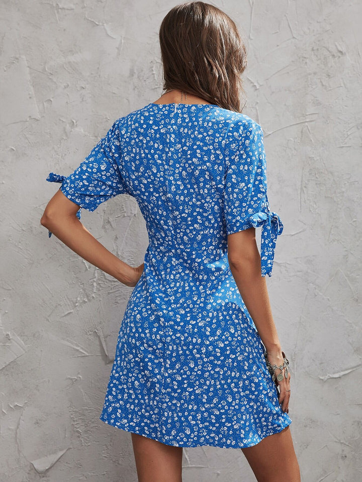 Blue V Neck Fit And Flare Ditsy Print Mini Dress