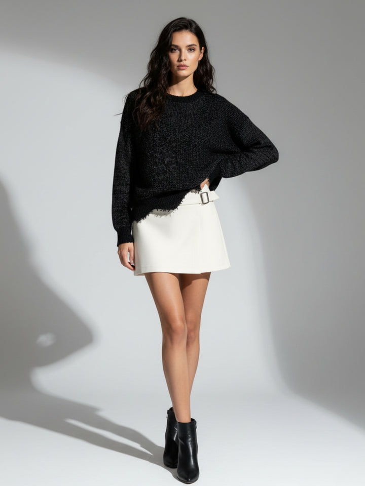 Grey Full Sleeve Crew Neck Fringe Hem Sweater