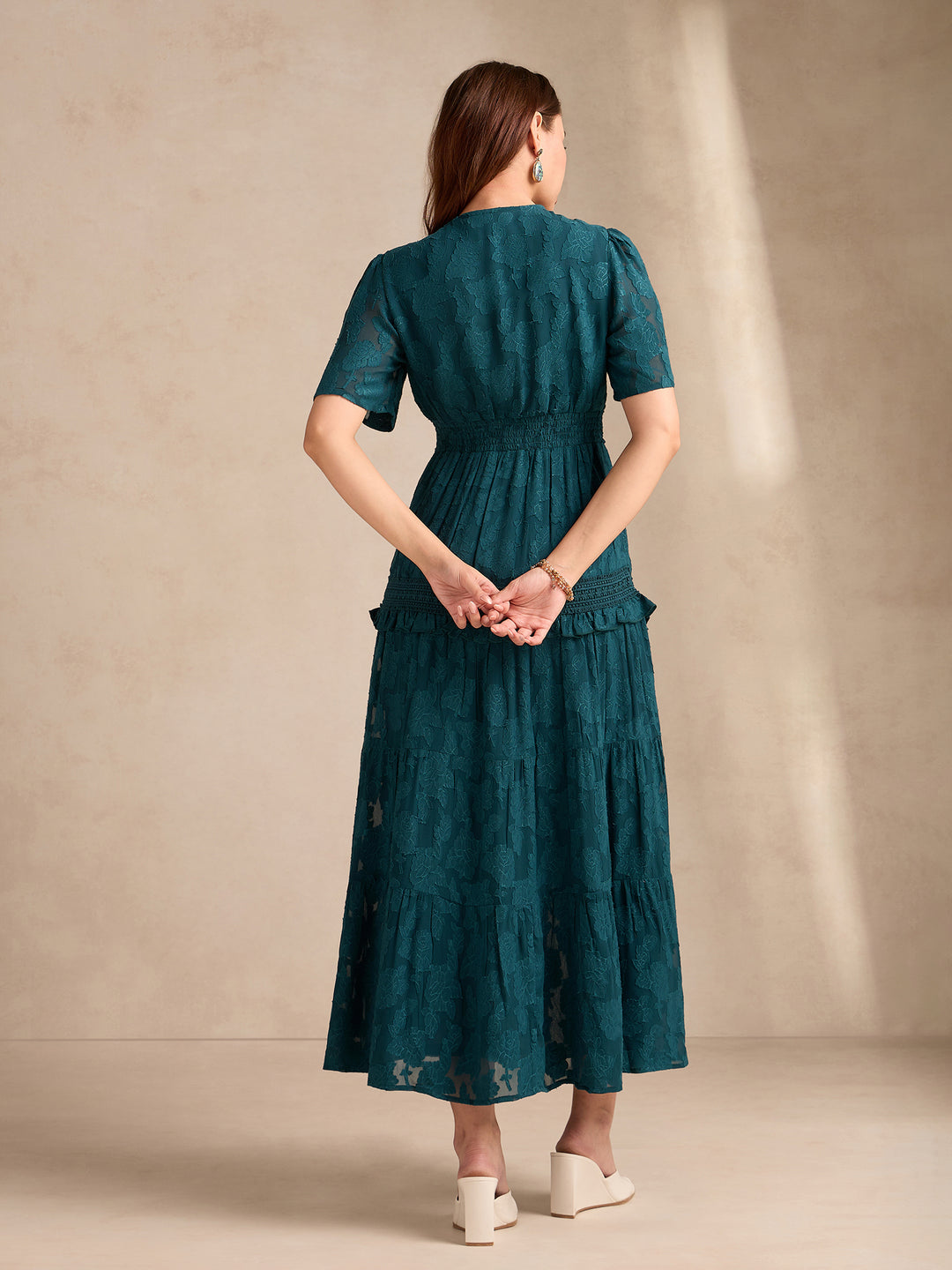 Teal Plunge Neck Jacquard Tiered Dress With Lace Detail