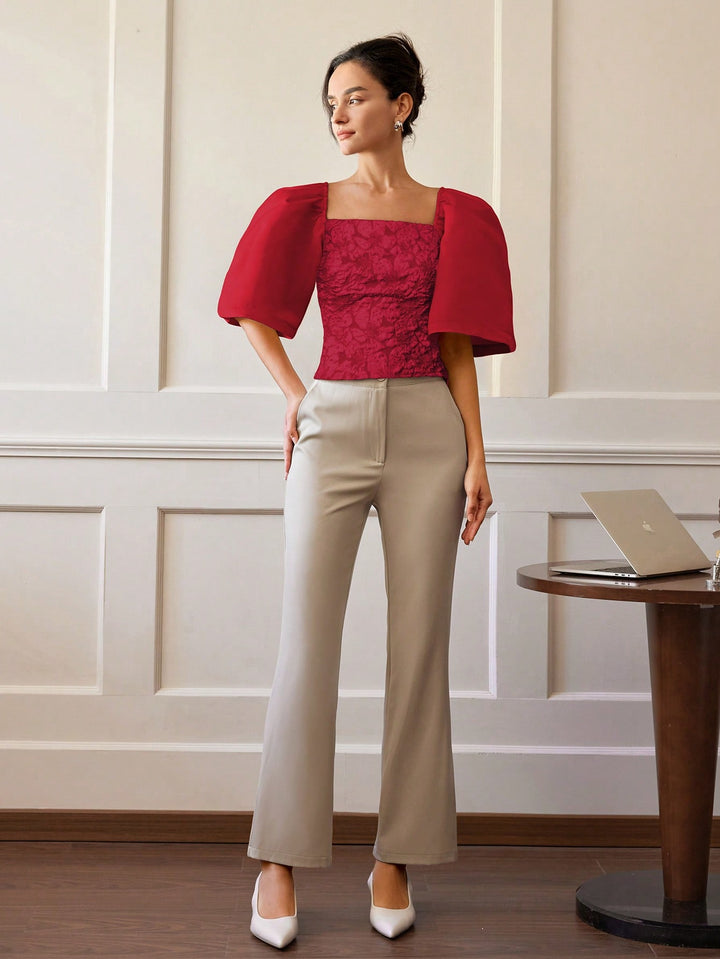 Red Floral Textured Fitted Top