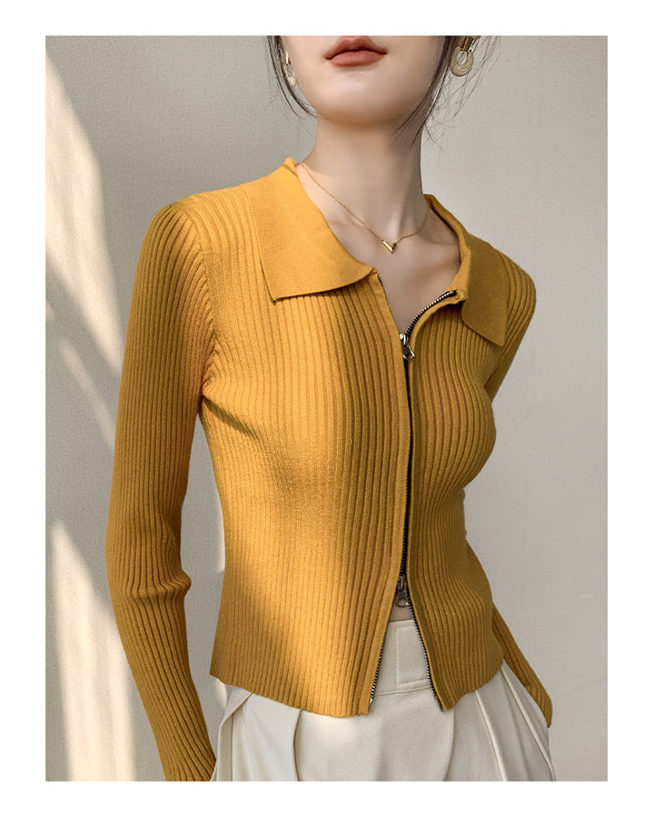 Mustard Full Sleeve Collared Front Zip Top
