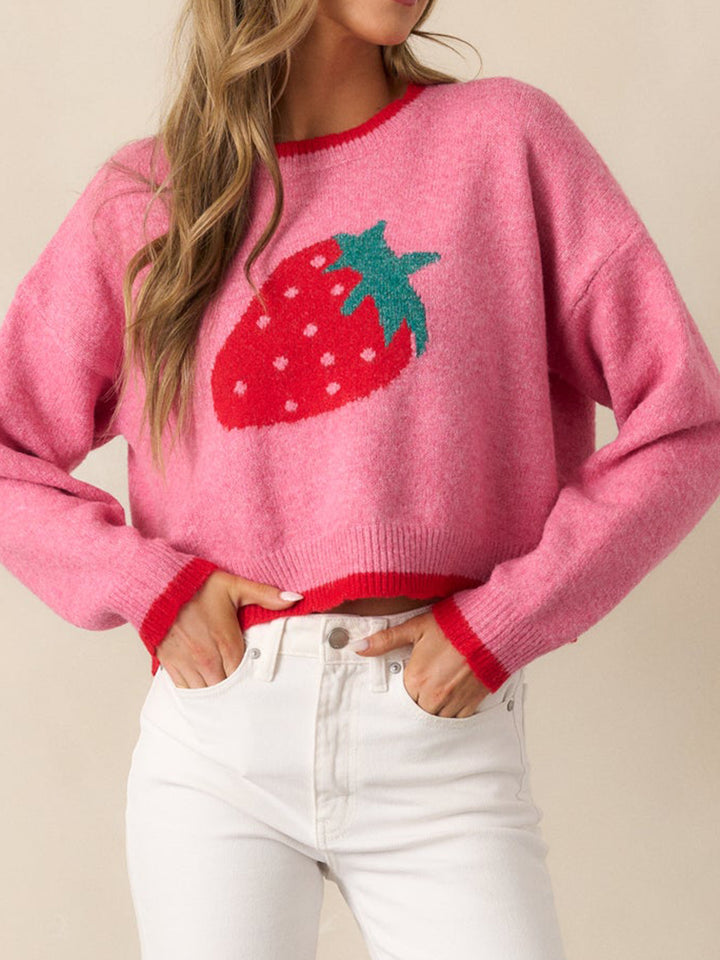 Pink Full Sleeves Printed Relaxed Sweater