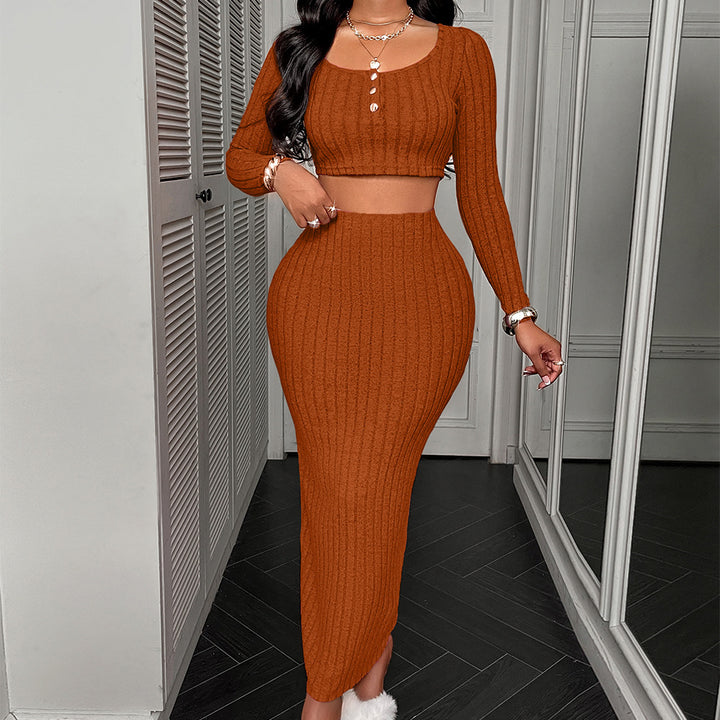 Brown Rib Fitted Crop Top With Skirt