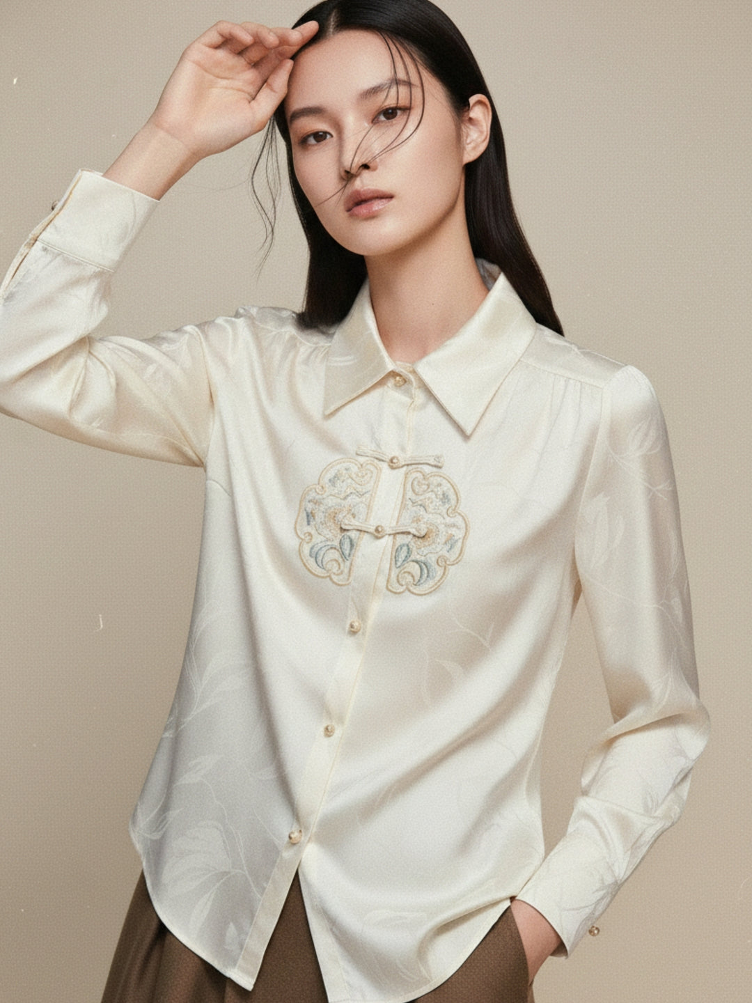 Off White Full Sleeve Collared Neck Ruffle Detail Top