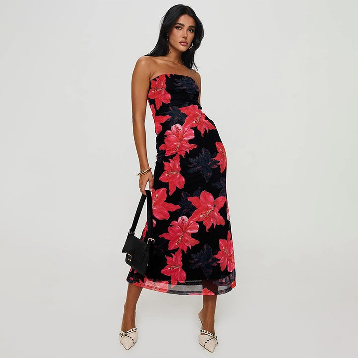 Pink  Floral Print Off Shoulder Dress