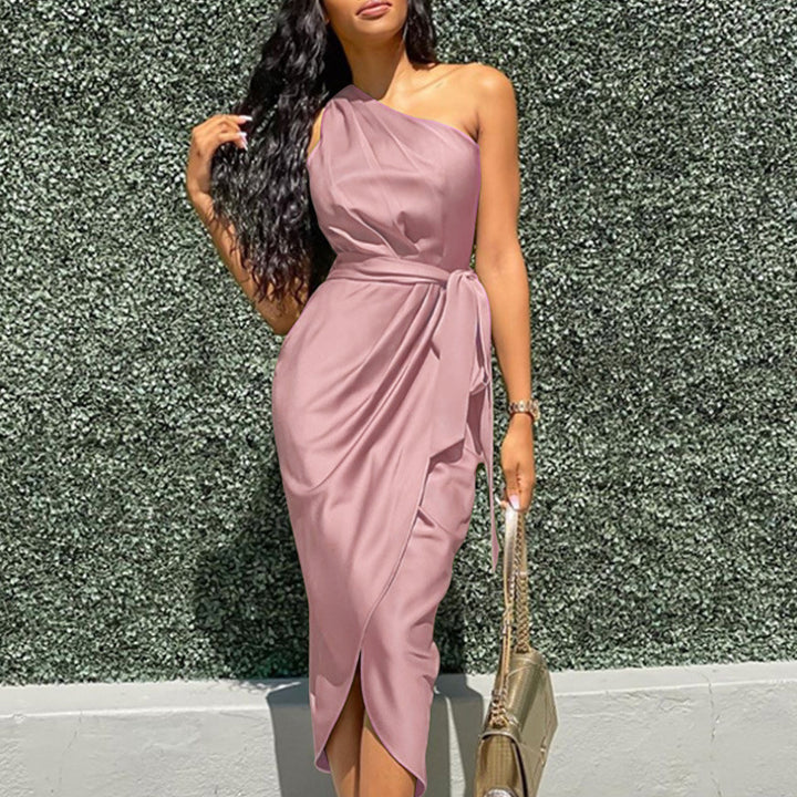 Pink One Shoulder Wrap Midi Dress