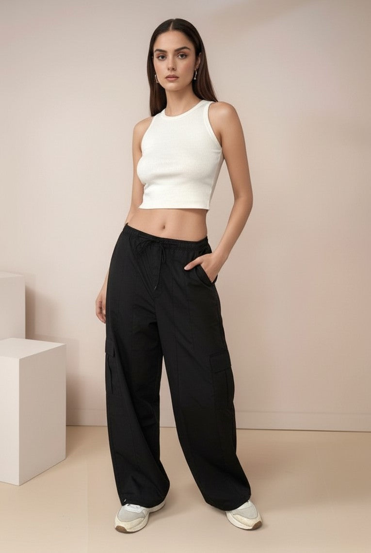 Black Cargo Pockets Drawstring Wid Leg Trouser