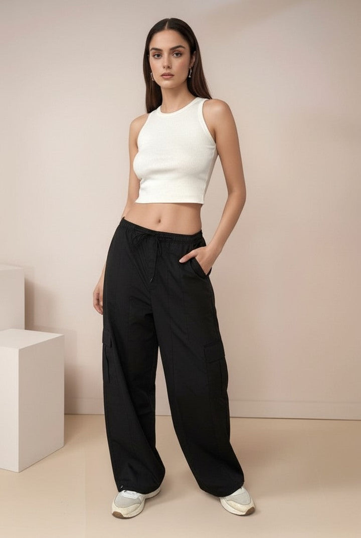 Black Cargo Pockets Drawstring Wid Leg Trouser