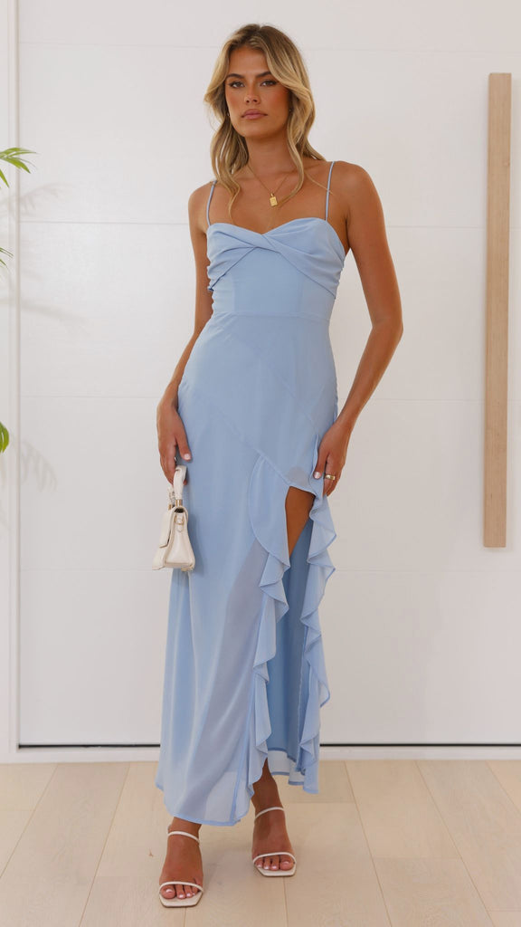 Blue Strappy Side Slit Frilly Dress