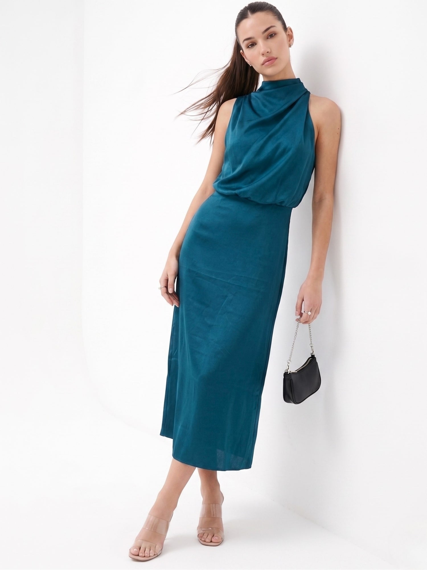 Navy Blue Mock Neck Flared Dress