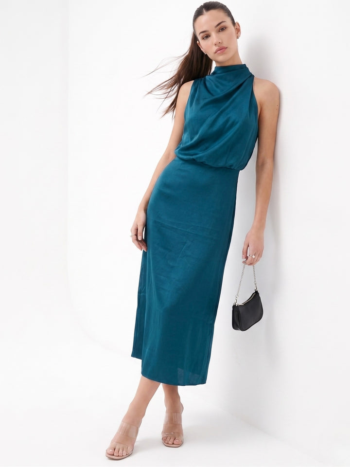 Navy Blue Mock Neck Flared Dress