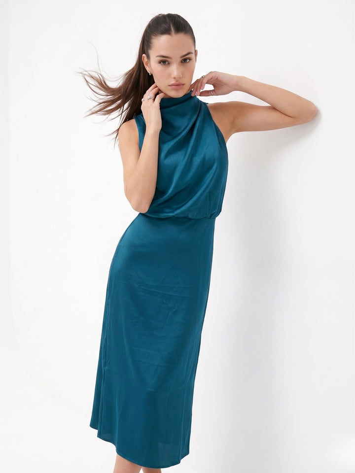 Navy Blue Mock Neck Flared Dress