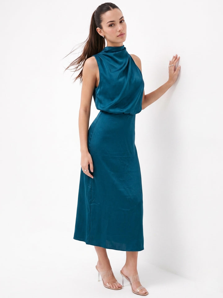 Navy Blue Mock Neck Flared Dress