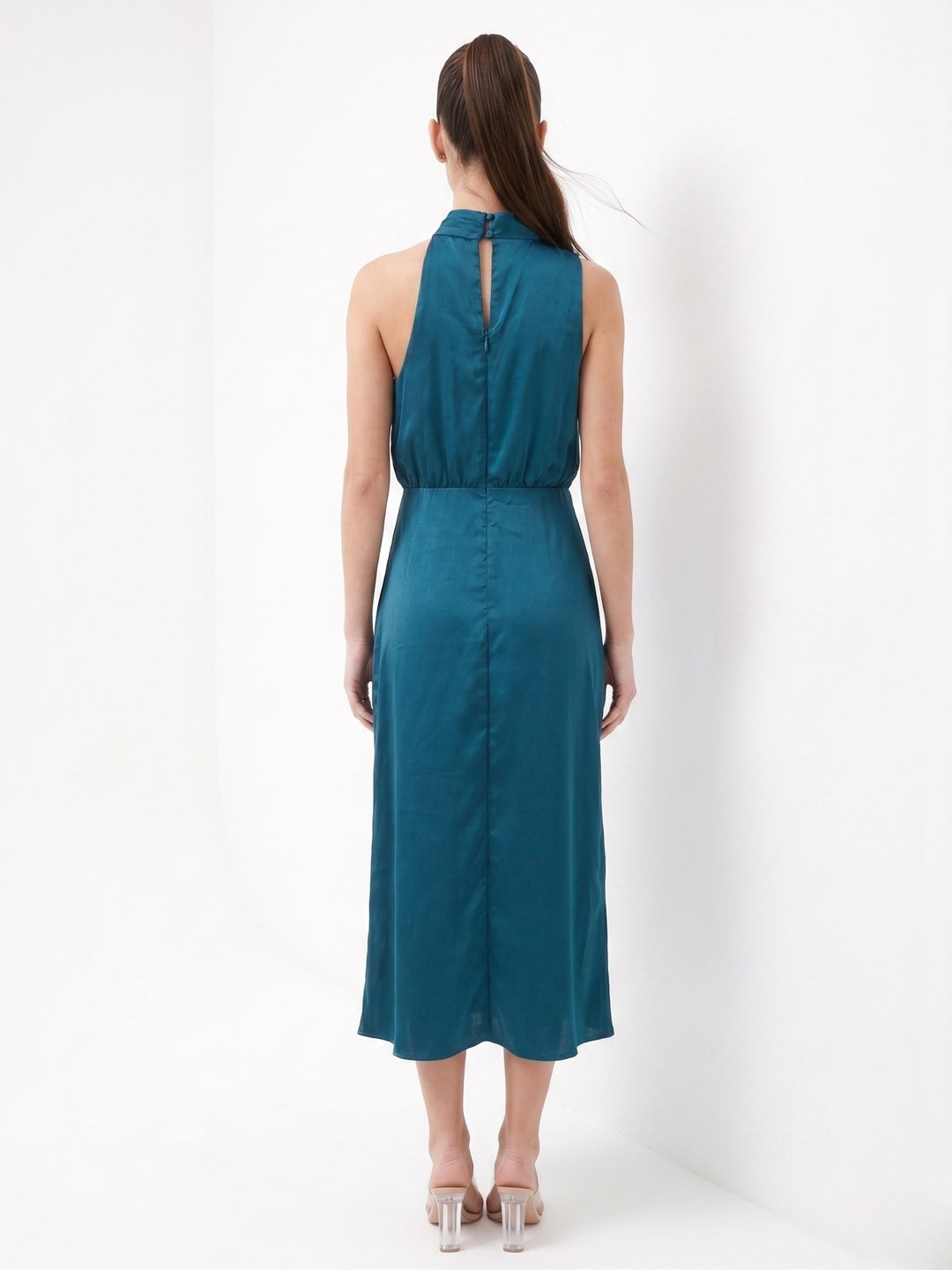 Navy Blue Mock Neck Flared Dress