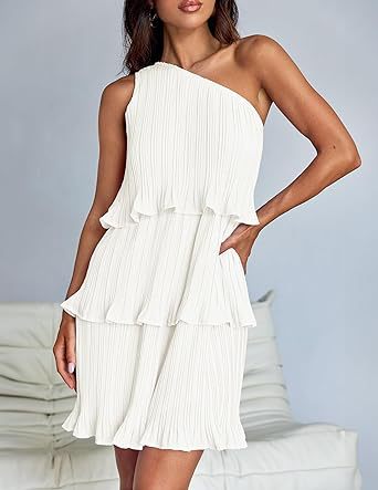 White One Shoulder Three Tiered Pleated Dress