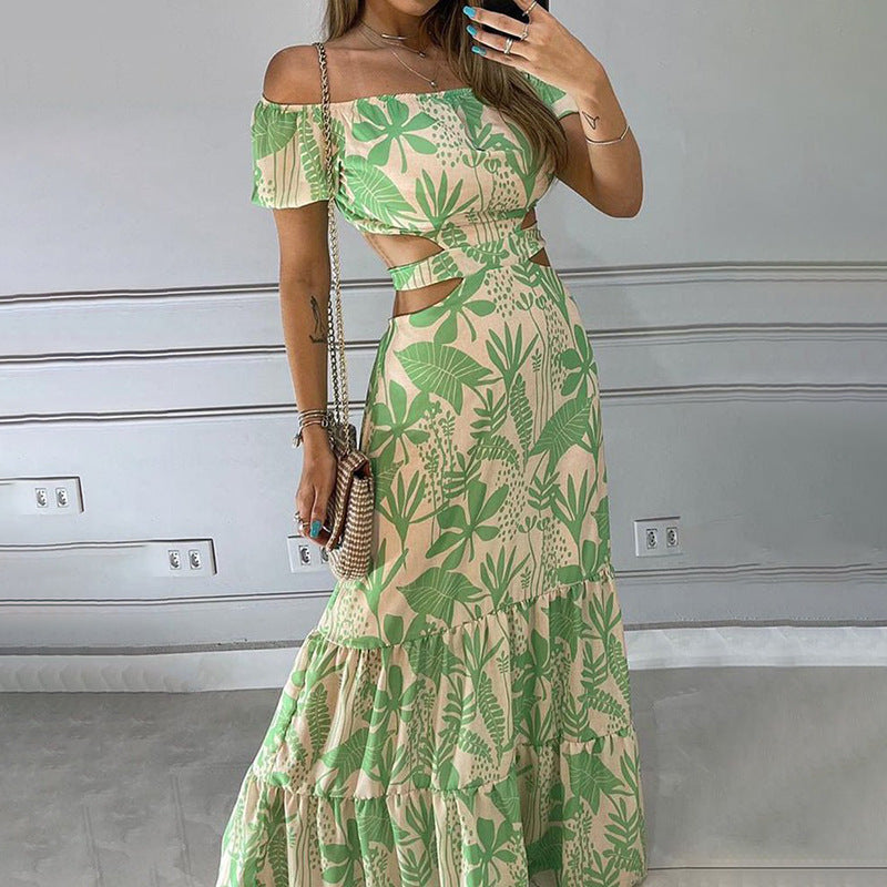 Green Broad Neck Waist Cut Out Tiered Flared Maxi Dress