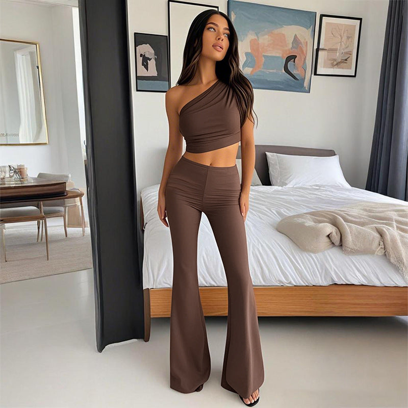 Brown One Shoulder Fitted Top With Fit And Flare Pants