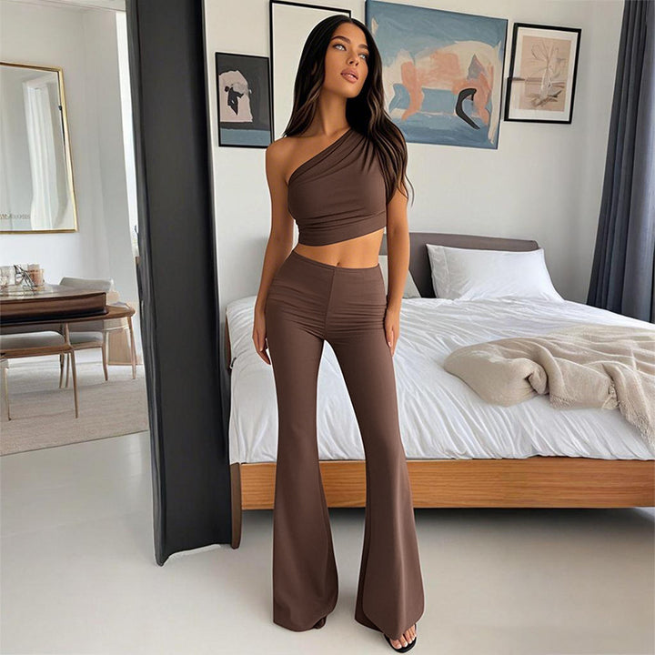 Brown One Shoulder Fitted Top With Fit And Flare Pants