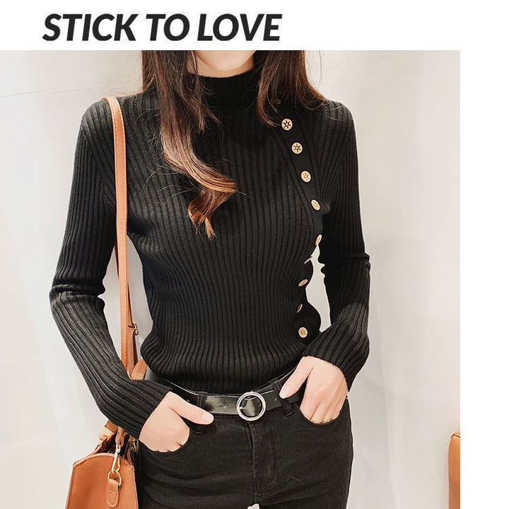 Black Full Sleeve Button Trim Fitted Sweaters
