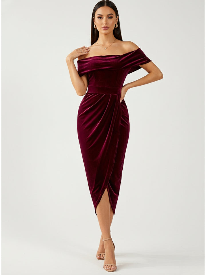 Burgundy Off-Shoulder Wrap Hem Velour Dress