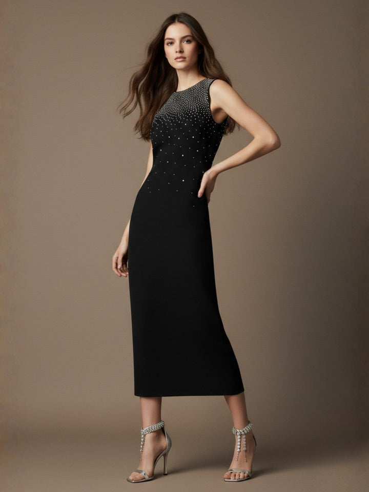 Black High Neck Studded Midi Dress