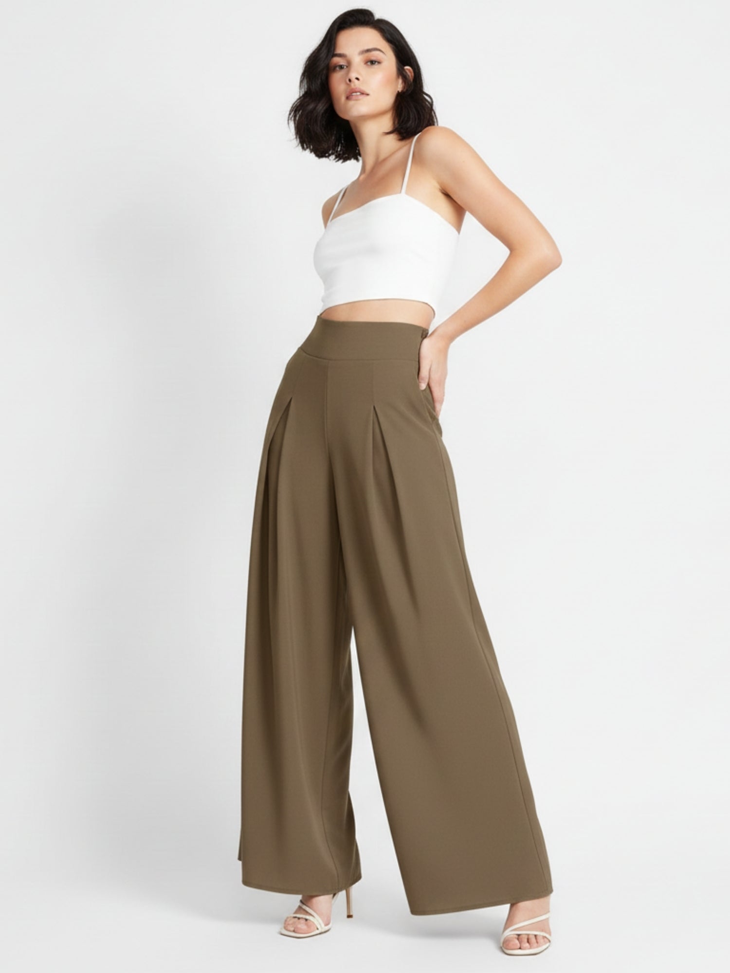 Brown High Waist Pleated Flared Trouser