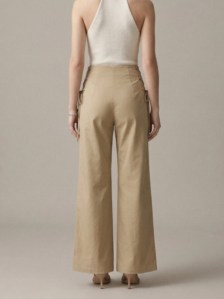 Beige High Waist Side Tie Wide Leg Trousers