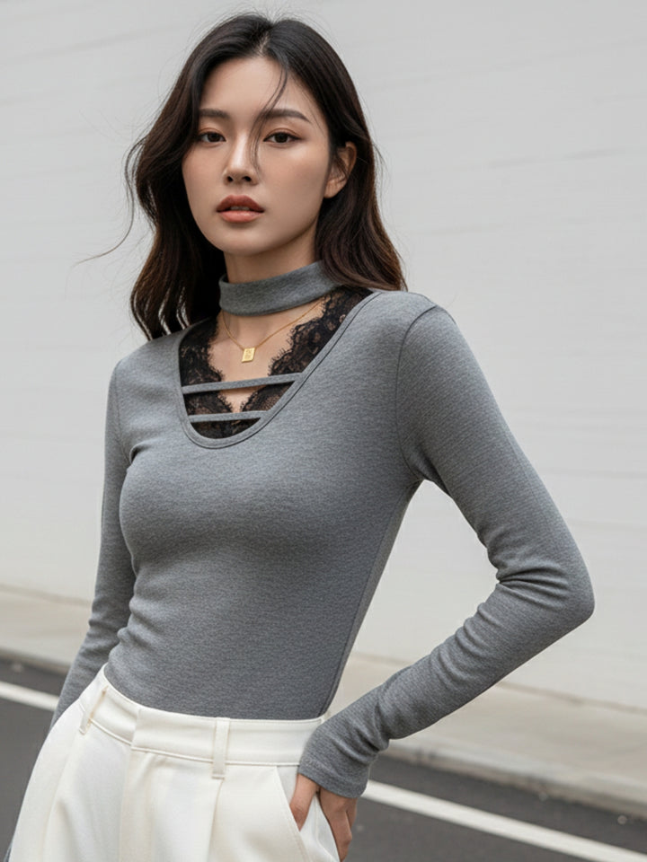 Grey Full Sleeve Neck Detail Fitted Top