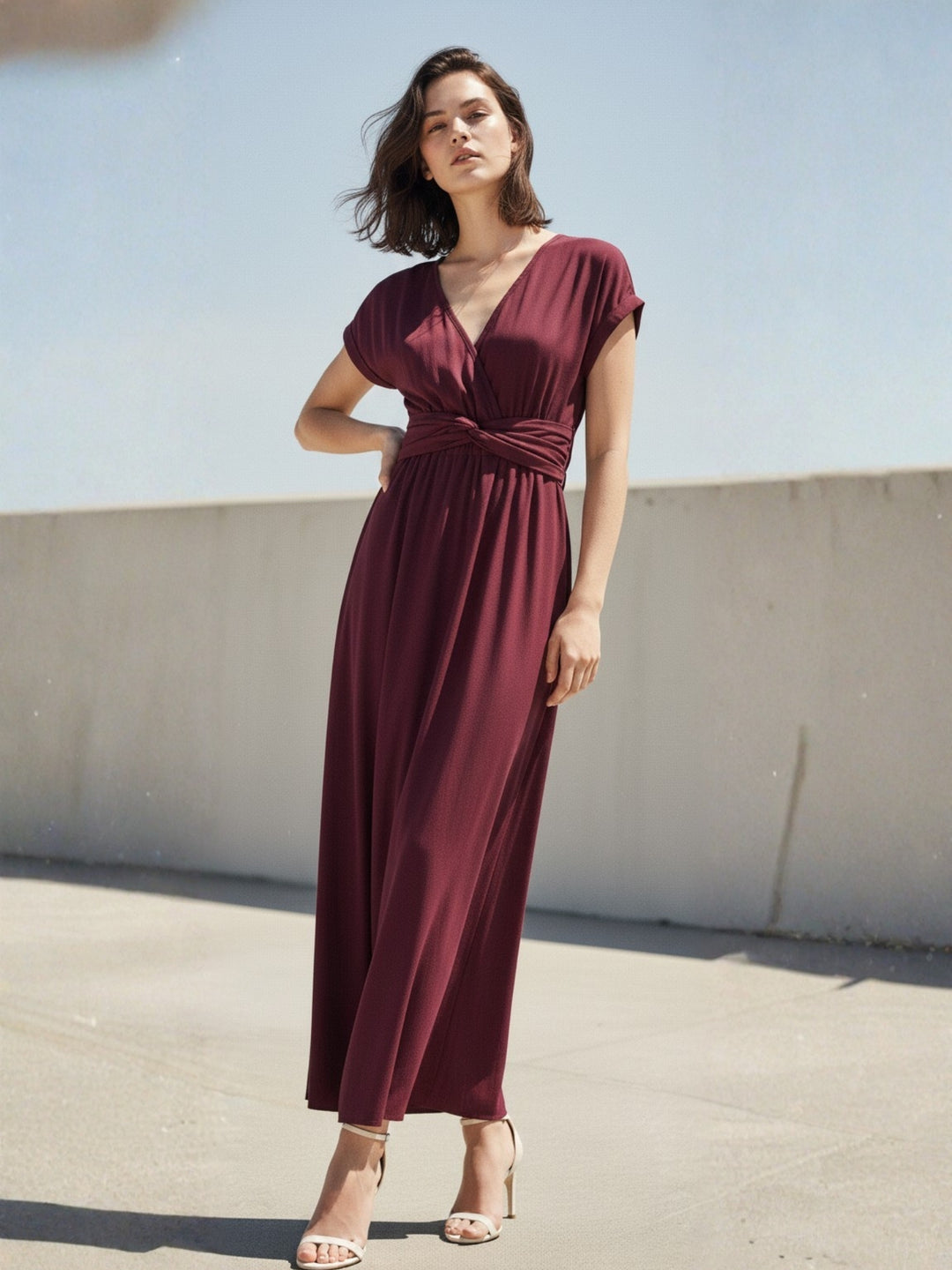 Wine Plunge Neck Twisted Knot Waist Detail Dress