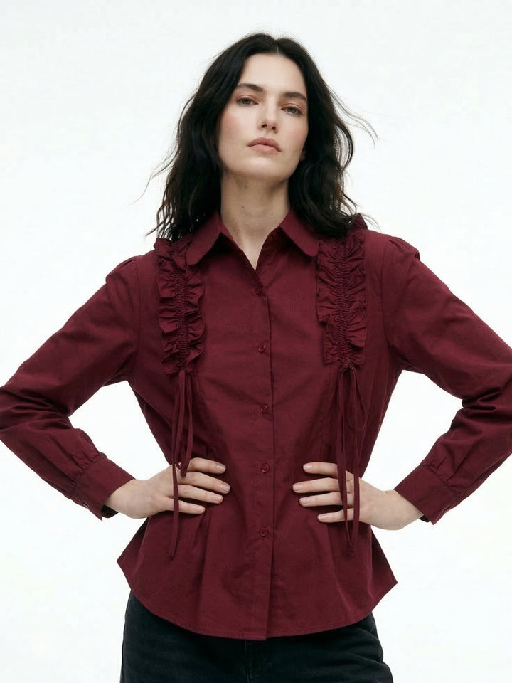 Maroon Ruffle Detail Collared Top