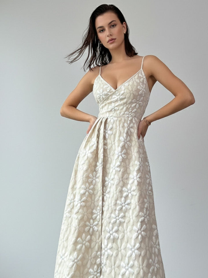 Off White Spaghetti Strap Textured Dress