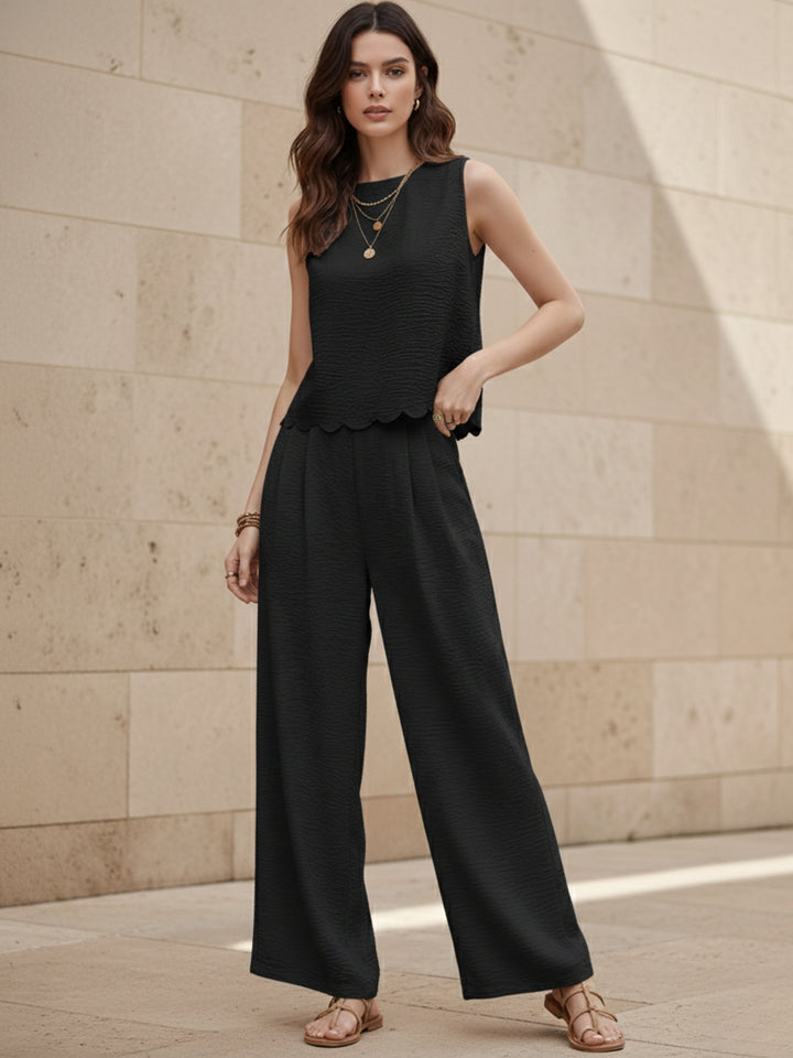 Black Sleeveless Scallop Hem  Back Tie Top Up And Pant Set